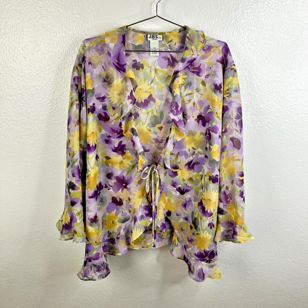 Vintage JBS Floral Sheer Cardigan Size 32 Purple Ruffle Feminine Beach Boho